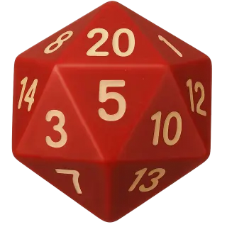 Illustration of a red polyhedral d20 dice rolled.